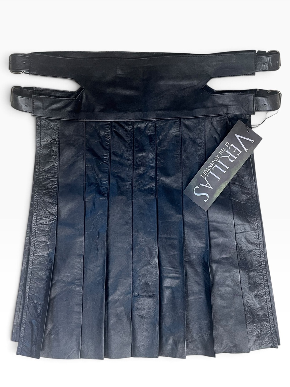 Verillas Black Leather Pleated Kilt Size 38/Medium Buckles Open Sides Skirt NWT